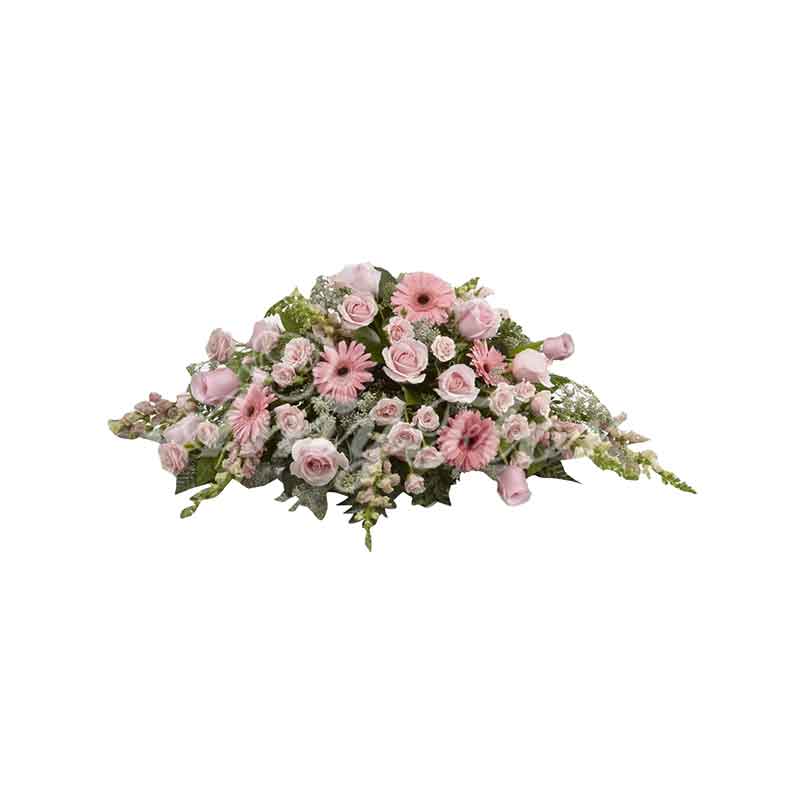 Ramo funebre de rosas y gerberas rosadas
